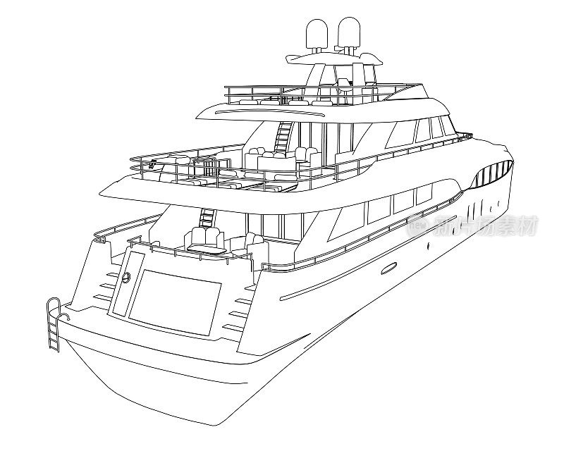 一艘大型豪华游艇的轮廓，从白色背景上孤立的黑色线条。后视图。3 d。矢量插图。
